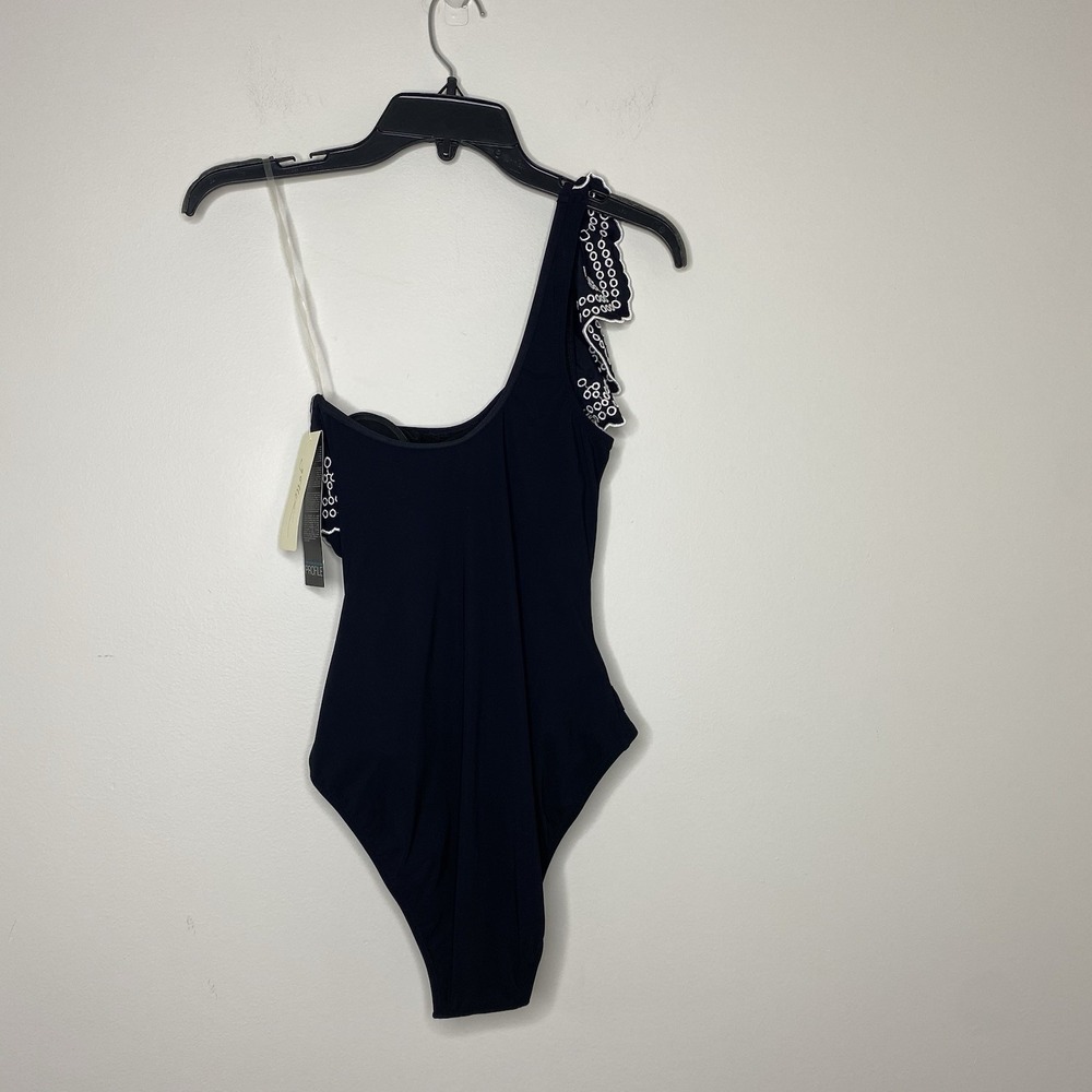 Profile By Gottex Sz 6 Ruffle Embroidered One Shoulder One Piece Black Swimsuit - Picture 6 of 16